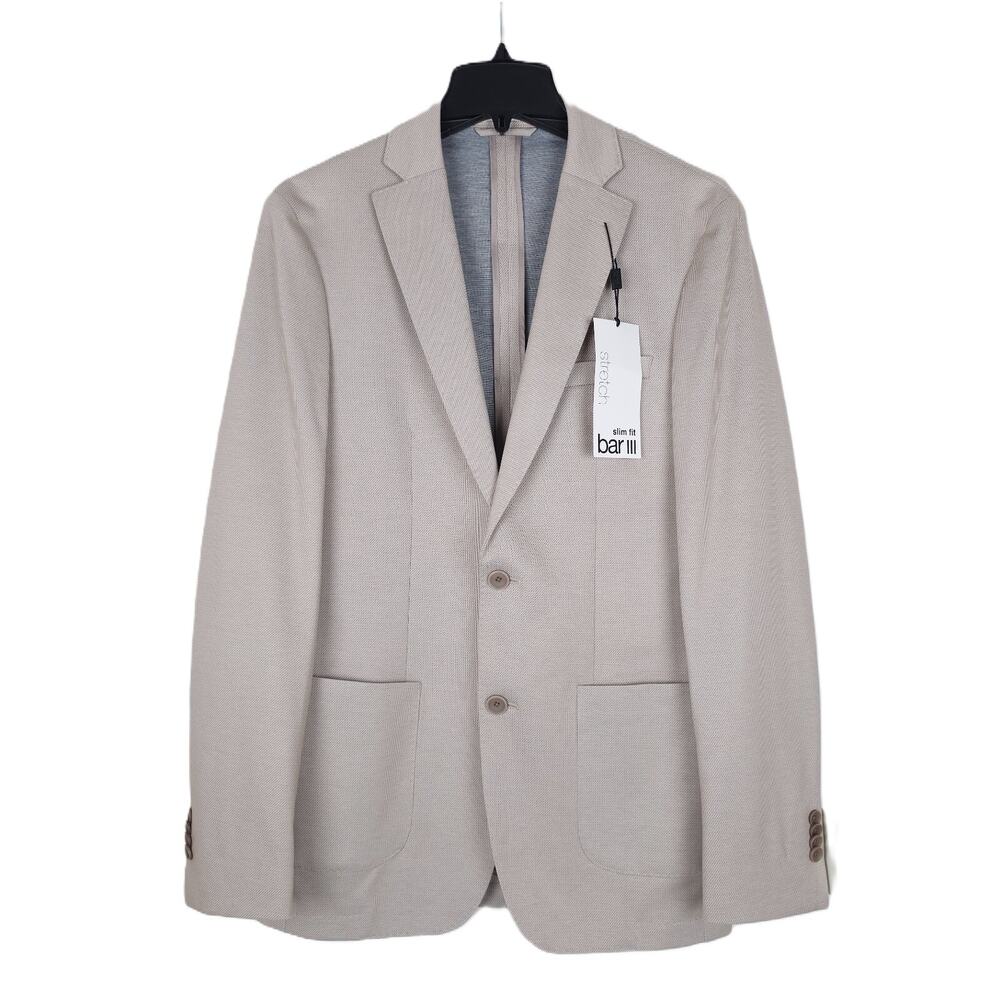 Bar III Mens Slim Fit Sport Coat Blazer 36R Beige Micro Zig Zag Stretch Knit NWT